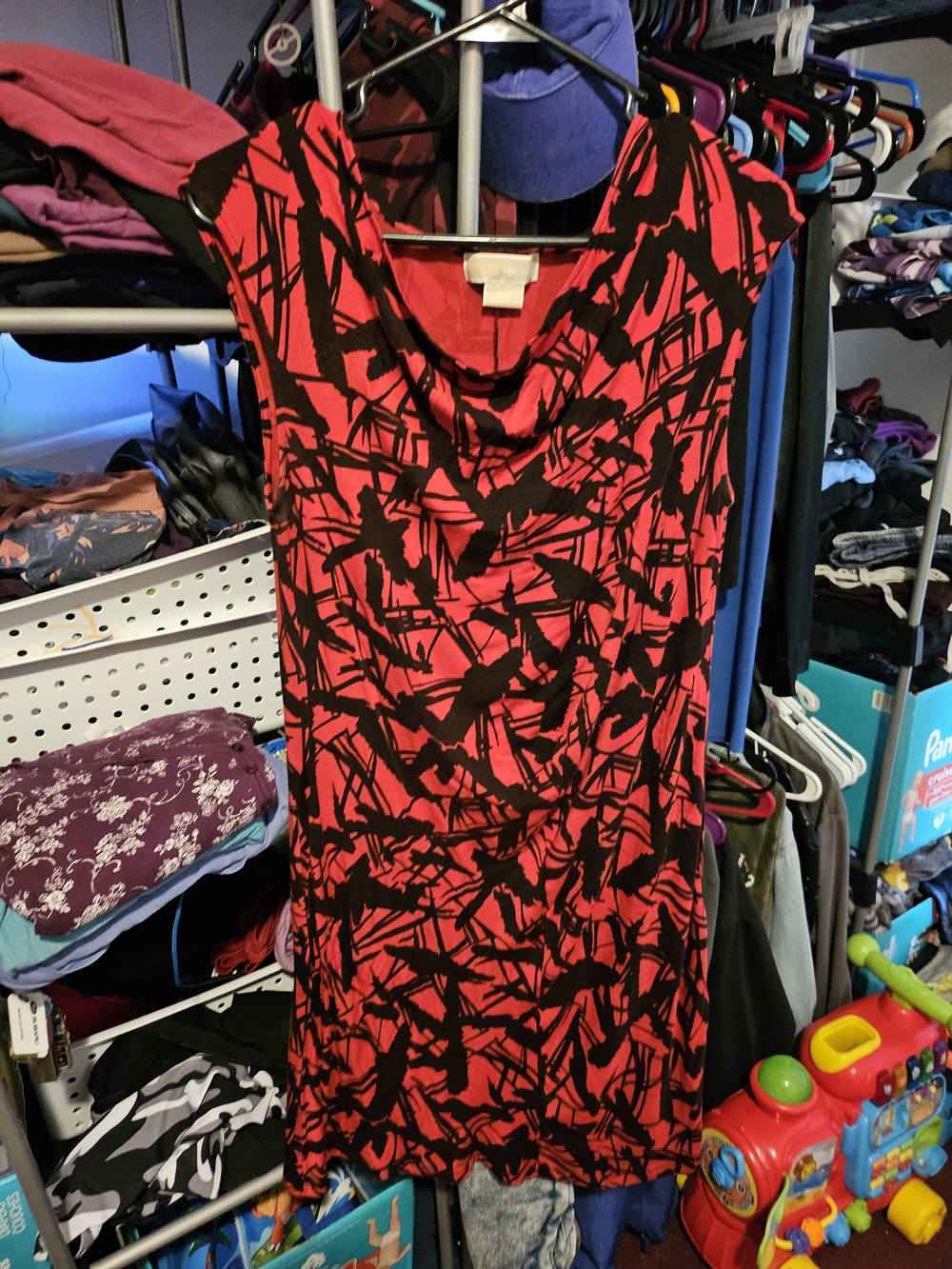 Michael Kors Red and Black Abstract Print Cowl Neck Women's Dress